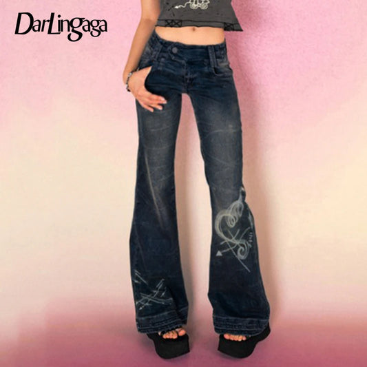 Darlingaga Y2K Grunge Heart Print Flared Jeans | Vintage Aesthetic