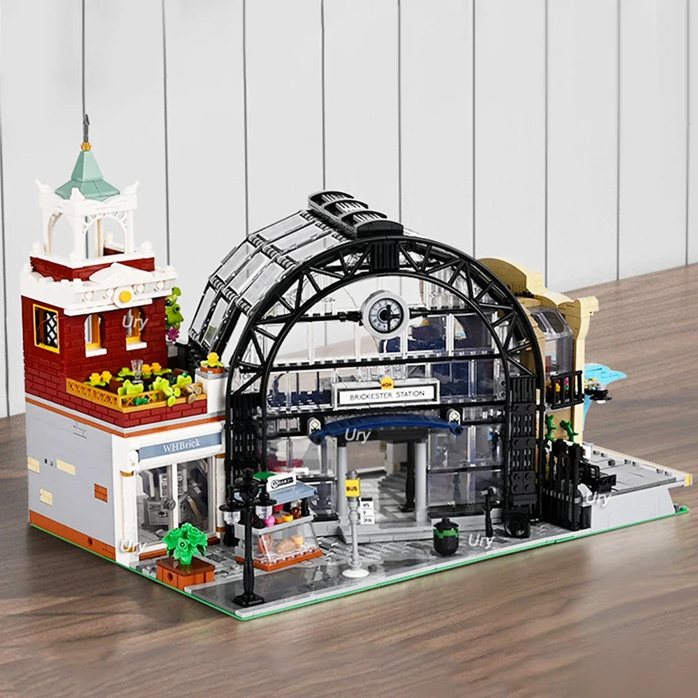 City Street View Train Station Creator Ideas LED House Modular Architecture Model MOC 89154 Buliding Blocks Toys Gifts for Kids