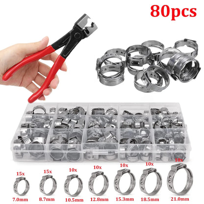 130/80pcs Stepless Single Ear Hose Clamps with Pliers - 7-21mm Stainless Steel Fuel Clamps