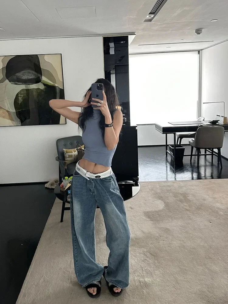 HOUZHOU Vintage Y2k Baggy High-Waist Jeans - Kpop Gyaru Streetwear