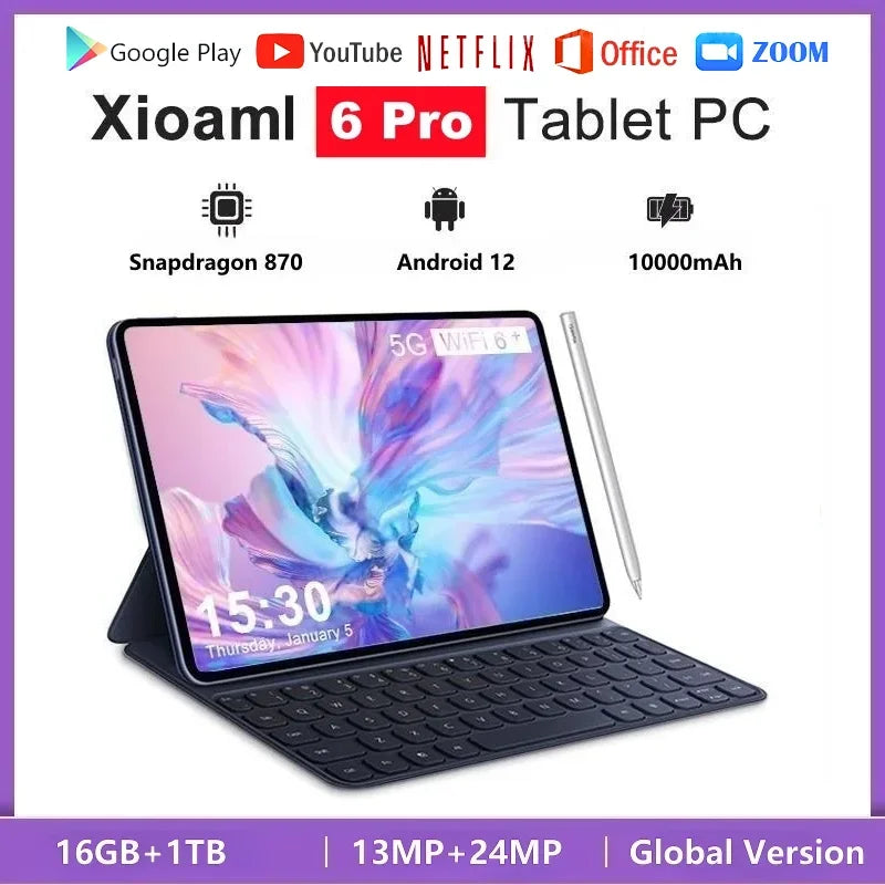 2024 NEW Google Tablette PC Pad 6 Pro | 11 Inch Android 12 Tablet | 16GB RAM | 1TB Storage | 5G Dual SIM | With Keyboard & Accessories - tonyfinger store