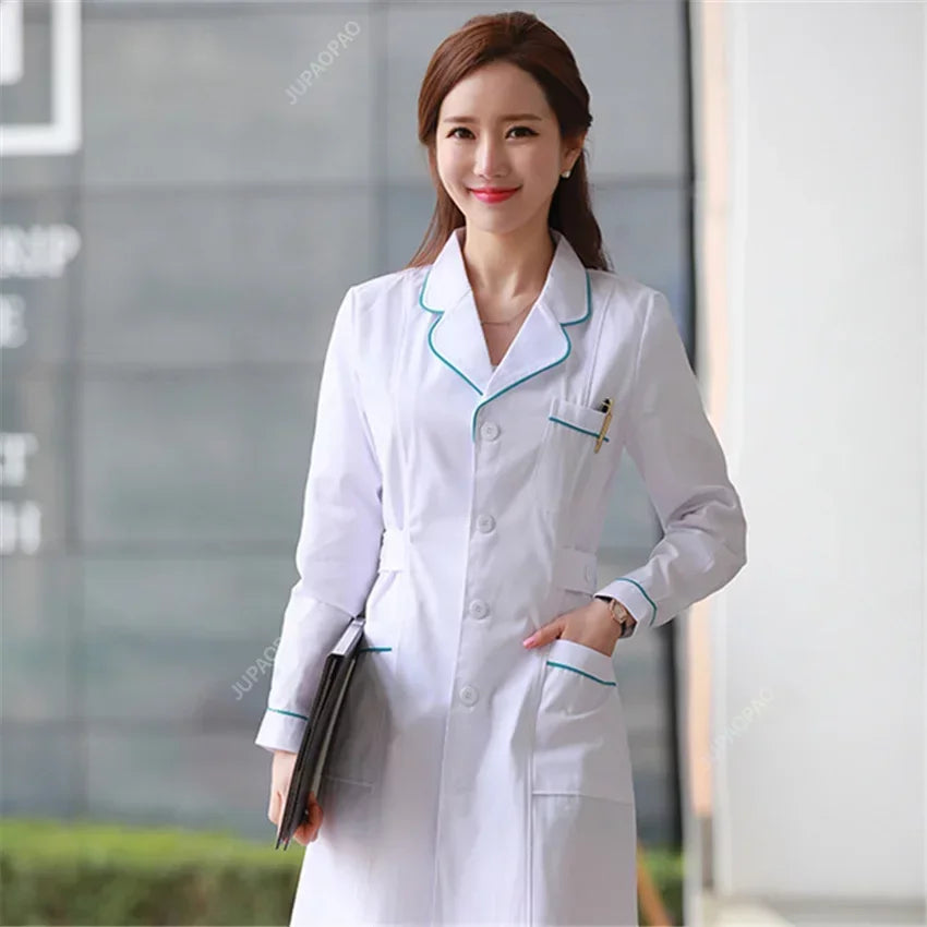 New Women's Lab Coat Fashion Medical Uniforms Long Jacket With Side Belts Short Sleeve/long Sleeve Workwear Pharmacy White Coat