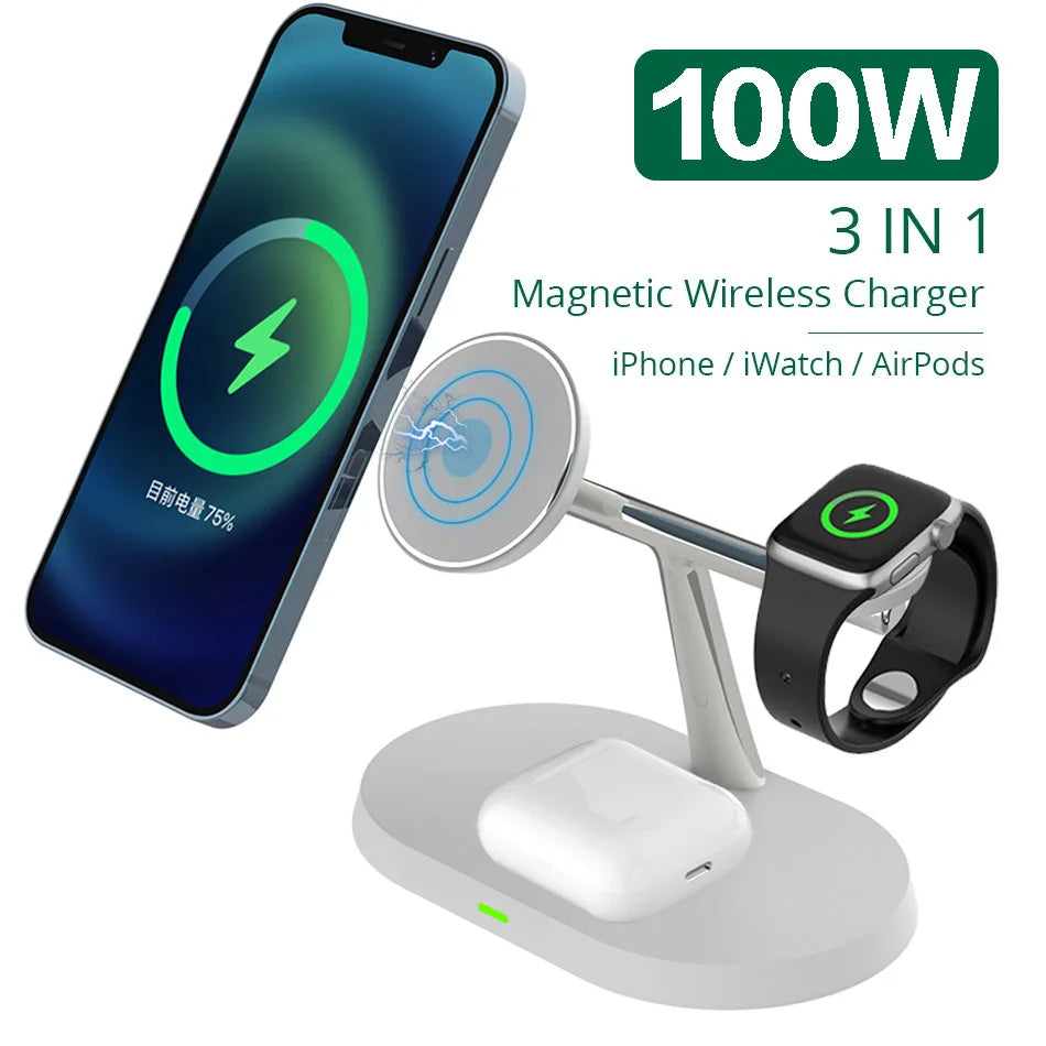 100W MagSafe 3-in-1 Wireless Charging Station | Fast Charger for iPhone 15, 14, 13, 12 Pro Max, Apple Watch & AirPods | tonyfinger store