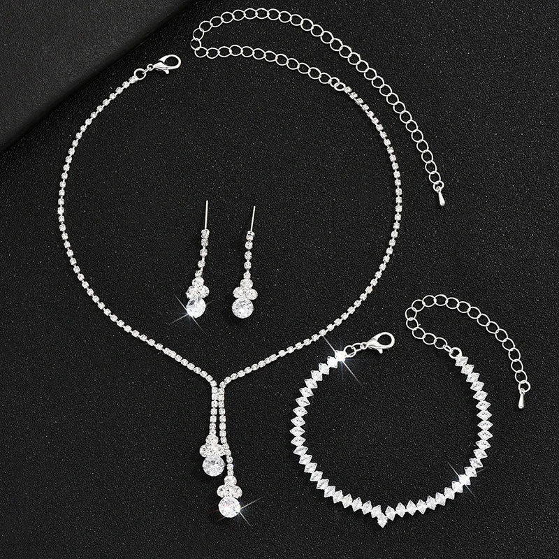 3Pcs Women’s Zircon Jewelry Set - Earrings, Necklace, Bracelet for Weddings