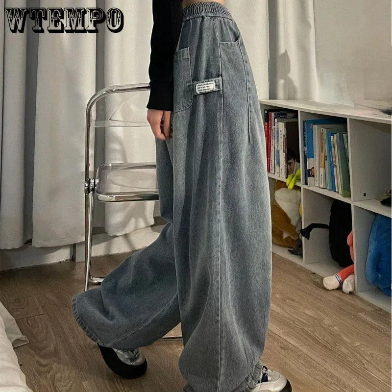 Spring Women Vintage Baggy Jeans Elastic Waist Oversized American Trouser Denim Wide Leg Streetwear Straight Basic Pants Y2k