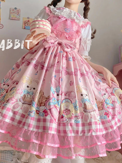 KIMOKOKM Lovely Kawaii Lolita Princess Style JSK Dress Square Collar Bow Rabbit Printing Ruffle Sleeveless Sweet Camisole Dress