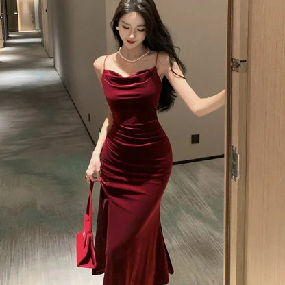 Vintage Sexy Club Prom Red Dresses for Women Spaghetti Strap Slit Velvet Dress Beach Bandage Bodycon Midi Dress Party Elegant