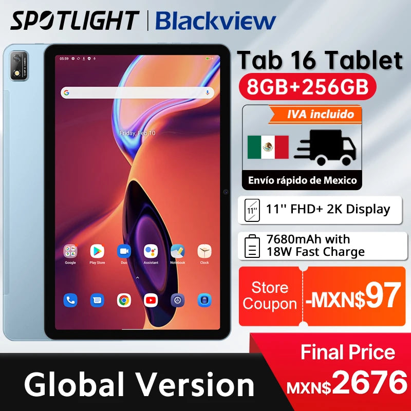 【World Premiere】Blackview Tab 16 Tablet Android 8GB+256GB 11''2k FHD+ Display 7680 mAh Battery Widevine L1 Unisoc T616 Tablet PC