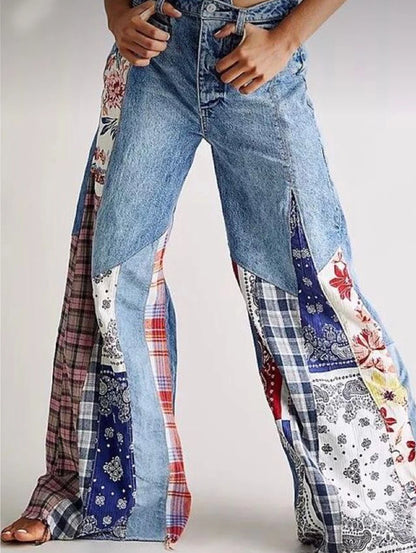 Women's Spring New Patchwork Denim Big Flare Pants Vintage Zipper Streetwear Pocket Wide Leg Tassels Mid-Waist Jeans Pants