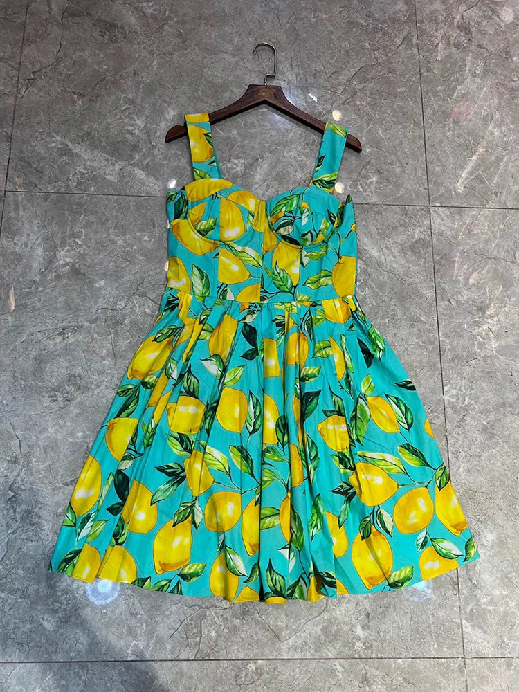 100% Cotton Women’s Summer Dress | Spaghetti Strap Lemon Print Mini Beach Holiday Vestidos | High Street Fashion Princess Style | tonyfinger store