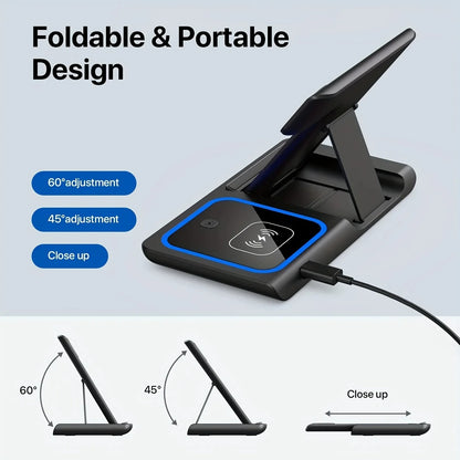 3 in 1 LED Fast Wireless Charger Stand Foldable Charging Station For iPhone 15 14 13 12 11 Apple Watch 9 8 7 6 5 Airpods Pro