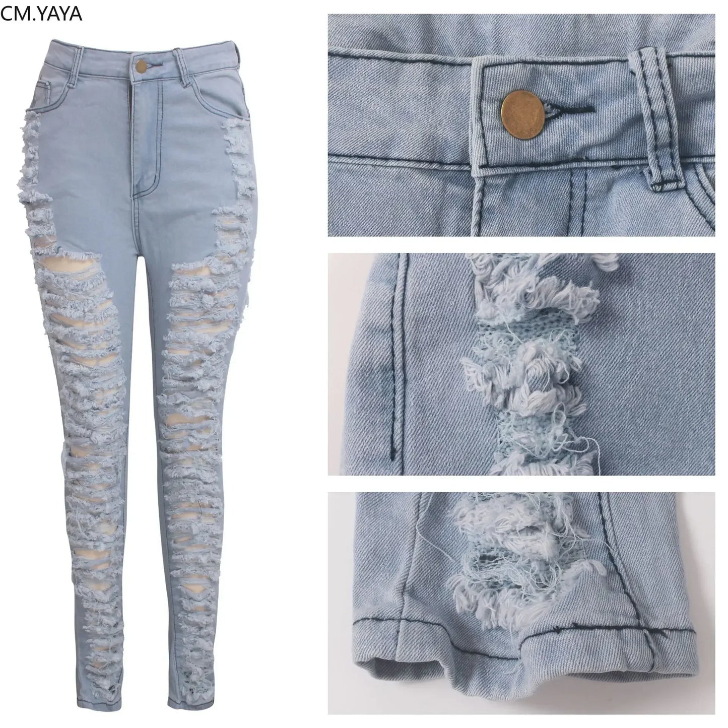 CM.YAYA Denim Pants Women Retro Solid Sexy Hole Hollow Out Jeans Ripped Flare Trousers Street Skinny High Waist Lady Pant