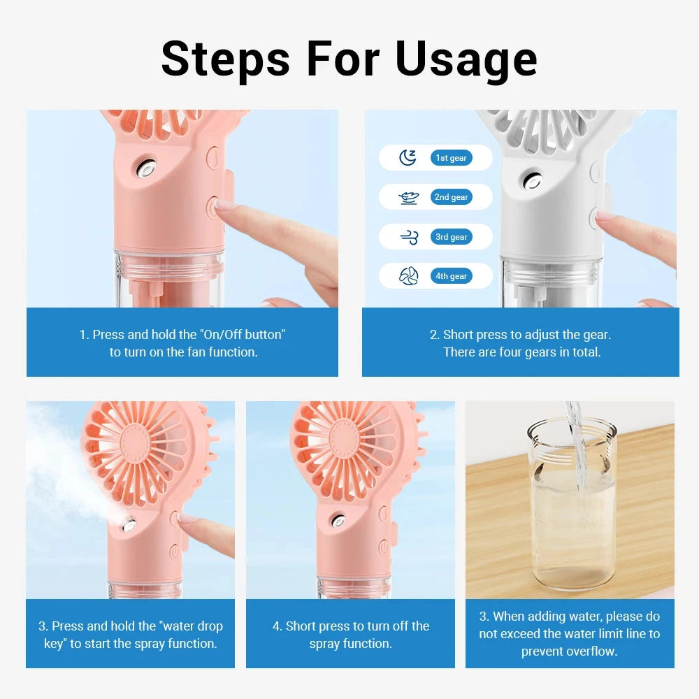 Xiaomi Portable Water Mist Fan USB Charging Handheld Mini Quiet Air Cooling Fan 4 Speed Humidification Spray Fan for Home Office