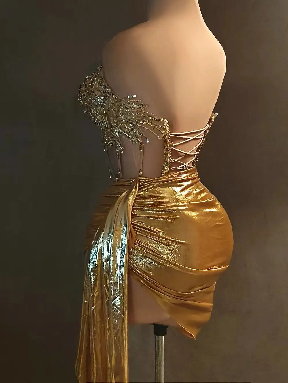 Luxury Gold Diamond Formal Occasion Cocktail Dress 2-Piece Set Prom Gown Outfit Sexy Girls Short Prom Dress Birthday Mini Dress