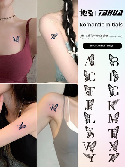 She Painted Letters M Butterfly Herbal Tattoo Sticker English Waterproof and Durable Female Couple Grass and Wood Stickers Semi-Permanent Male