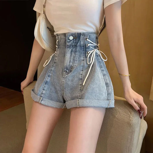 2024 Women’s Light Blue High Waist Denim Shorts - Baggy, Lace-Up, Wide Leg