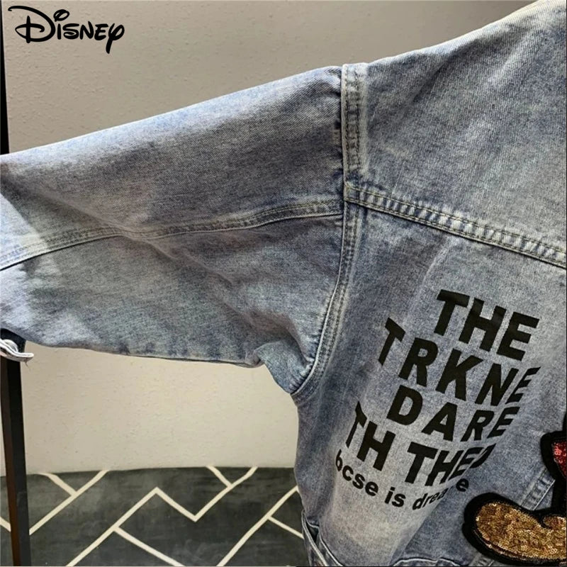 Disney New Arrival Top Fashion Autumn Cotton Loose Casual Cartoon Mickey Mouse Print Beaded Embroidery Destroy Wash Denim Jacket