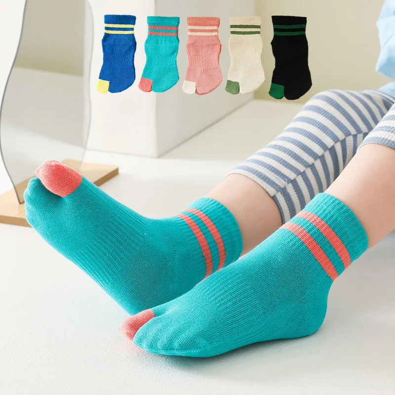 5 Pairs Children Cotton Tabi Socks | Fashion Striped Two Toe Mid-Tube Socks for Kids | Boys & Girls | tonyfinger store