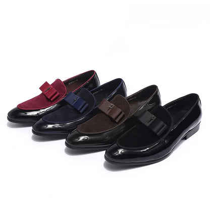 Handmade Men’s Patent Leather Suede Loafers with Bow Tie - Wedding & Banquet Shoes