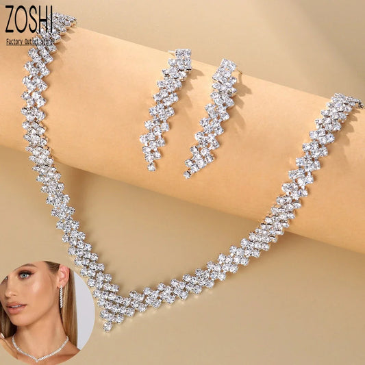 Wedding Lozenge Step Style Rhinestone Necklace Earrings Set For Women Jewelry Silver Plated Choker Tassel Earrings Bridal Gifts