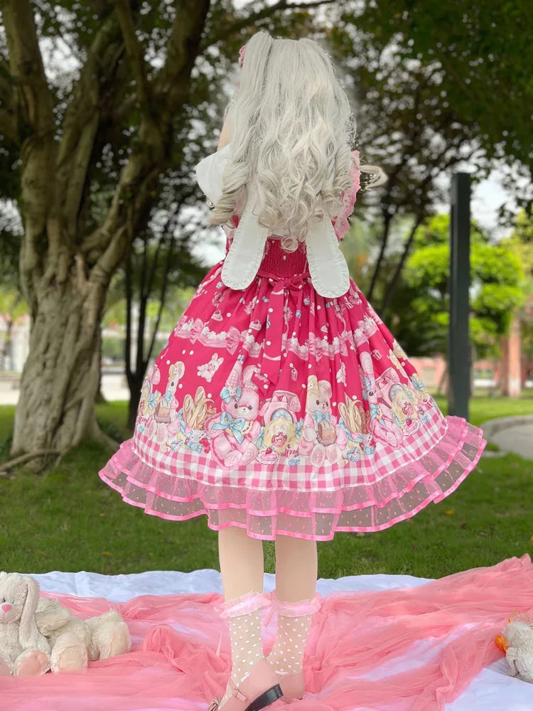 KIMOKOKM Lovely Kawaii Lolita Princess Style JSK Dress Square Collar Bow Rabbit Printing Ruffle Sleeveless Sweet Camisole Dress