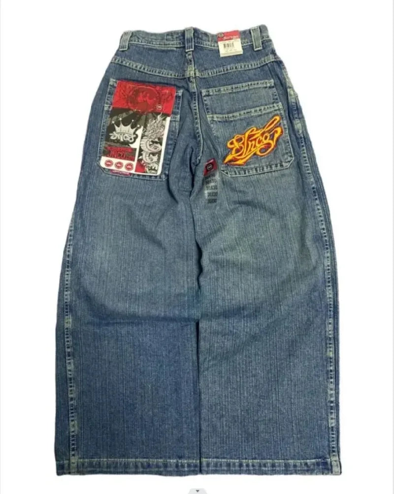 Y2K Hip Hop Baggy Jeans - High Waisted, Embroidered, Wide Leg