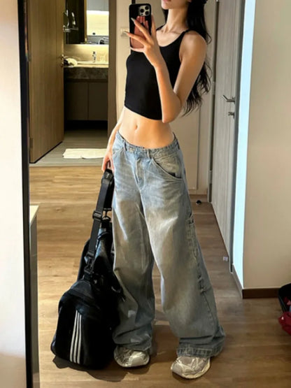 Oversized Blue Casual Wide Leg Jeans High Waisted Vintage Wash Loose Straight Trousers Fashion Korean Street Trend Y2K Pants