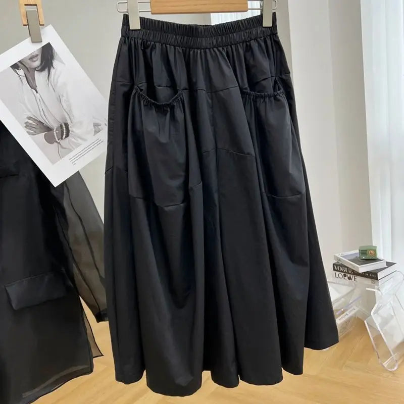 Casual Fashion Elastic High Waist Solid Wide Leg Pants Summer Women's Clothing Loose Simplicity Pockets Spliced Capri Pants