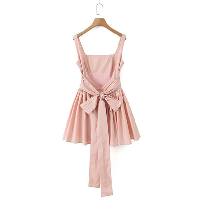 YENKYE 2023 Women Sweet Tie Bow Sashes Sexy Backless Dress Waist Spliced Pleated Swing Party Mini Robe