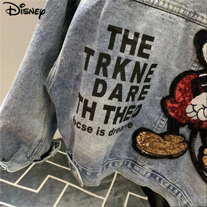 Disney New Arrival Top Fashion Autumn Cotton Loose Casual Cartoon Mickey Mouse Print Beaded Embroidery Destroy Wash Denim Jacket