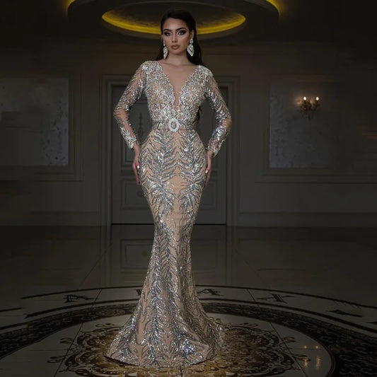 Sexy Sequin V-Neck Long Sleeve Evening Gown for Women