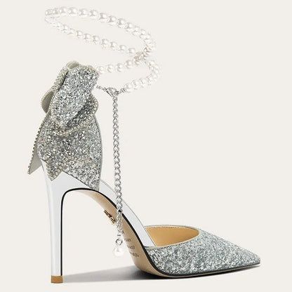 Elegant French Sequin Bow High Heels with Pearl Line