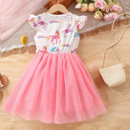 Summer Girls Dress For Kids 1-8 Years old Fashion Cute Cartoon Unicorn Ruffled Tulle Sleeve Princess Dresses For Holiday