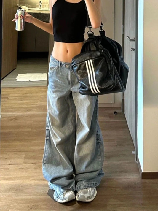 Oversized Blue Casual Wide Leg Jeans High Waisted Vintage Wash Loose Straight Trousers Fashion Korean Street Trend Y2K Pants