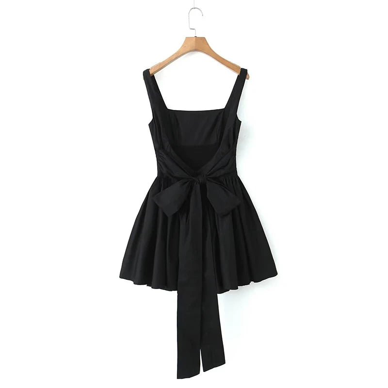 YENKYE 2023 Women Sweet Tie Bow Sashes Sexy Backless Dress Waist Spliced Pleated Swing Party Mini Robe