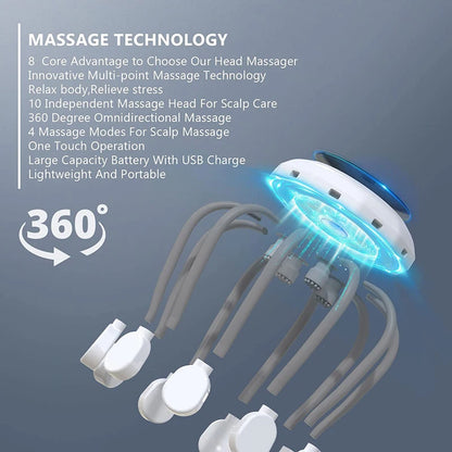 KTS Electric Head Massager Octopus Scalp Massage Music 5 Modes 14 Vibrating Contacts Red Light Device For Relax Stress Relief