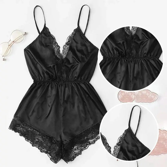 Summer V-Neck Sexy Lace Patchwork Integrated Suspender and Backless Pajamas Women's Sexy Suspender Pajamas