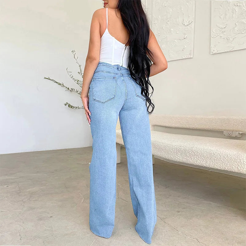 2023 Fall Women’s High Waist Ripped Wide Leg Jeans: Casual Loose Denim Trousers S-2XL