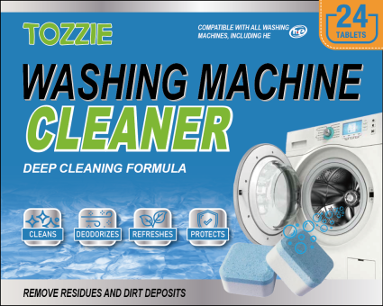 Tozzie Washing Machine Cleaner Tablets (24-Count Box) – Deep-Cleaning and Deodorizing Solution for Front and Top Load Washers, Septic-Safe and Eco-Friendly- {12 Boxes per carton}