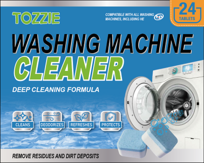 Tozzie Washing Machine Cleaner Tablets (24-Count Box) – Deep-Cleaning and Deodorizing Solution for Front and Top Load Washers, Septic-Safe and Eco-Friendly- {12 Boxes per carton}